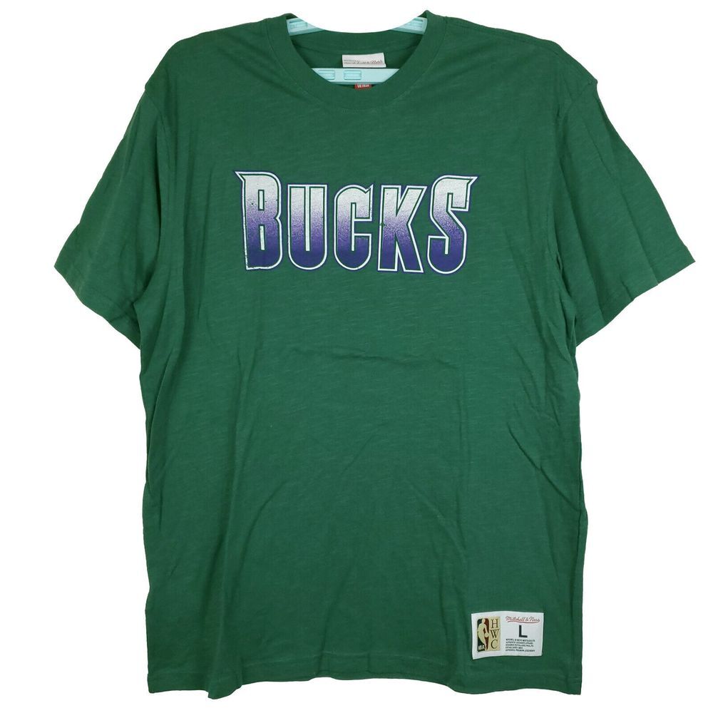 Milwaukee Bucks Mitchell & Ness‎ NBA Large Shirt Distressed Logo Green New